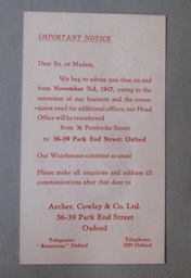 Archer Cowley notice of new address in 1947.