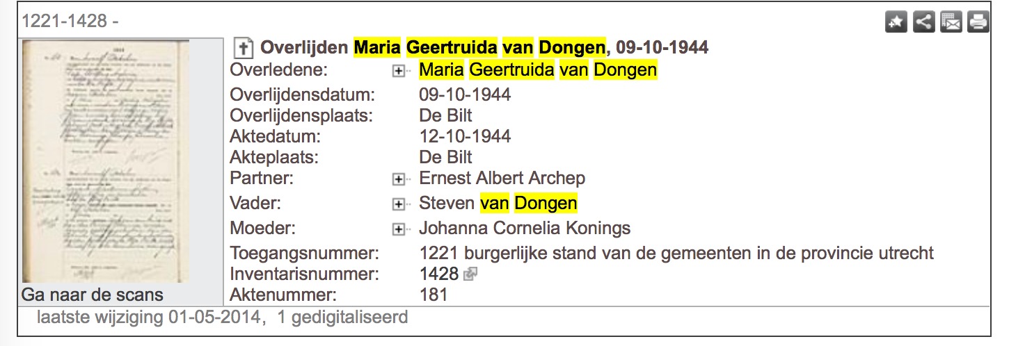 Maria Geertruida van Dongen's death certificate